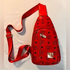 MCM Aren Visetos Sling Bag Candy Red Logo Monogram Crossbody